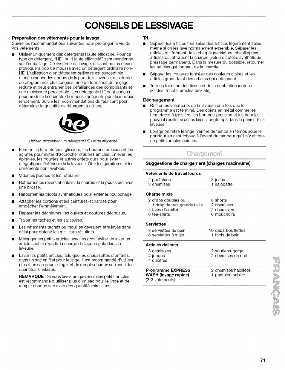 Conseils de lessivage, Préparation des vêtements pour le lavage, Déchargement | Chargement | Kenmore 110.4646 User Manual | Page 71 / 80