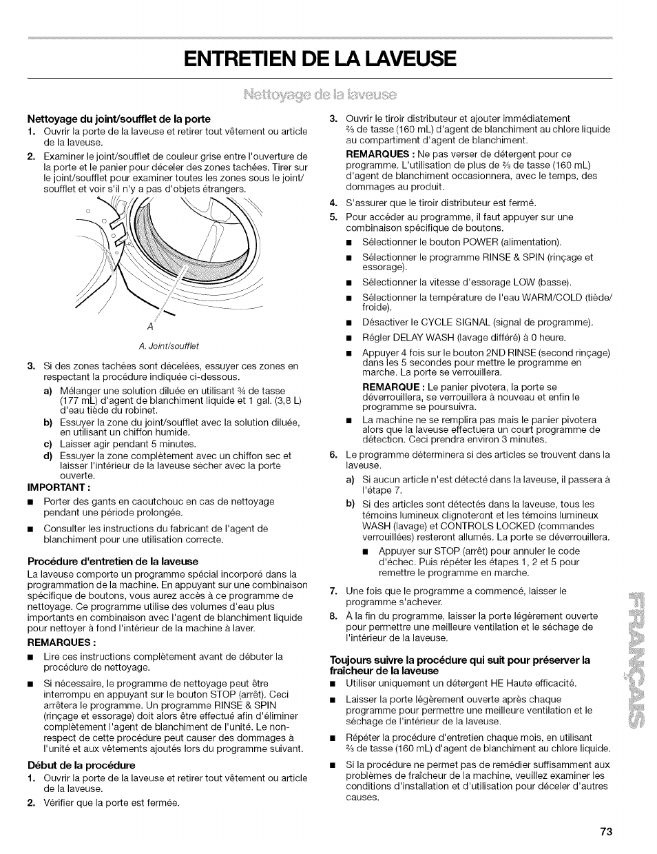 Entretien de la laveuse, Nettoyage du joint/soufflet de la porte, Important | Procédure d'entretien de la laveuse, Remarques | Kenmore 110.4646 User Manual | Page 73 / 80