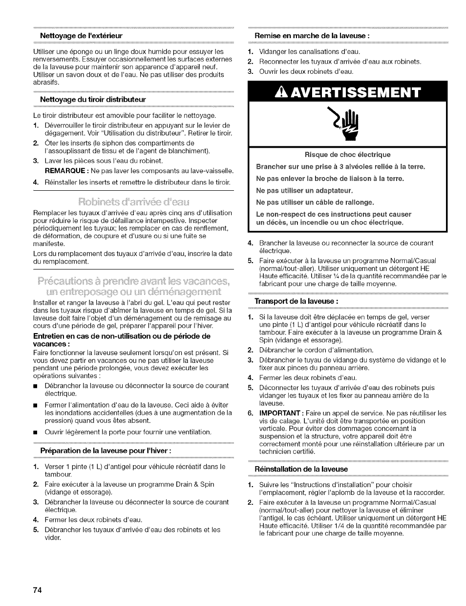 Nettoyage du tiroir distributeur, Préparation de la laveuse pour l'hiver, Transport de la laveuse | Réinstallation de la laveuse, A avertissement | Kenmore 110.4646 User Manual | Page 74 / 80