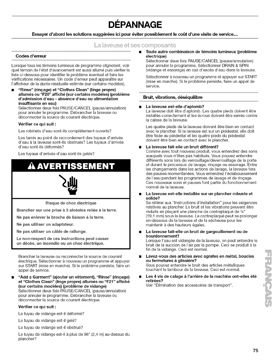 Depannage, Codes d'erreur, La laveuse fait-elle un bruit différent | Dépannage, A avertissement | Kenmore 110.4646 User Manual | Page 75 / 80