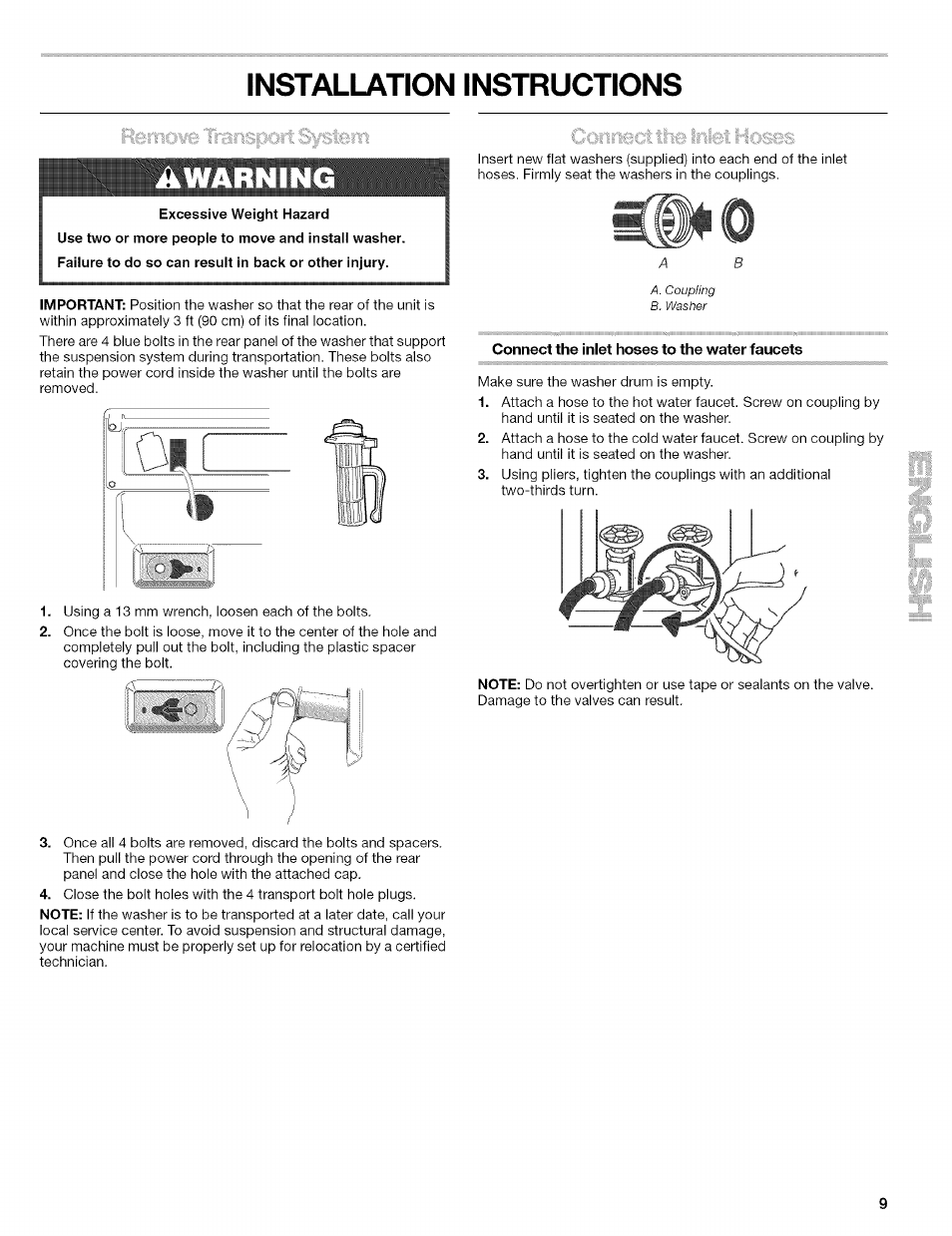 Installation instructions, Excessive weight hazard, Connect the inlet hoses to the water faucets | A warning | Kenmore 110.4646 User Manual | Page 9 / 80