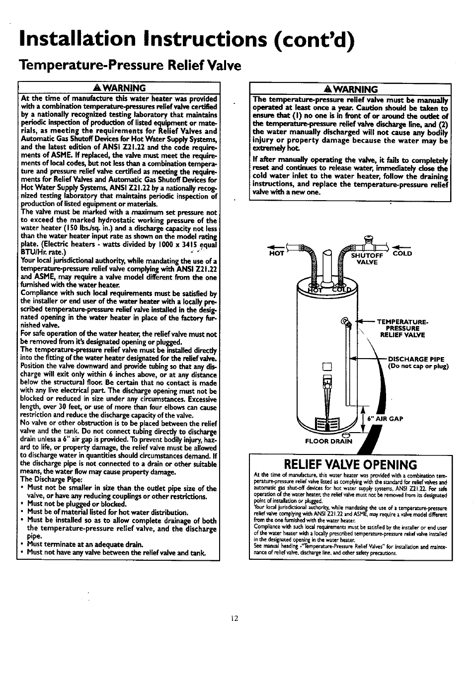 Installation instructions (cont’d), Temperature-pressure relief valve, Awarning | Relief valve opening | Kenmore 153.33459 User Manual | Page 12 / 28