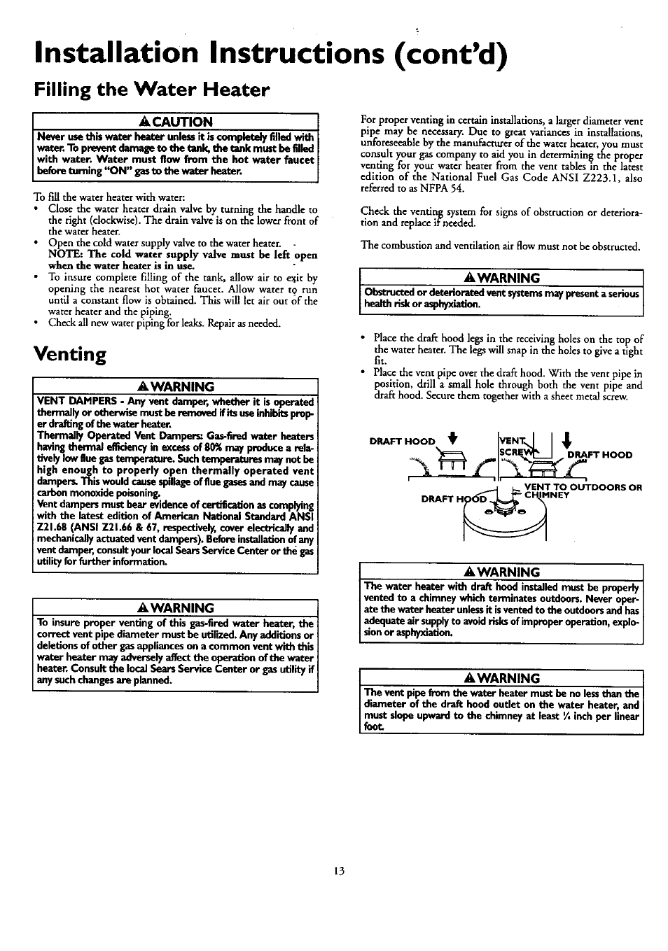 Installation instructions (cont’d), Filling the water heater, A caution | Venting, Awarning, Removing the old water heater, Venting -14, Y. i | Kenmore 153.33459 User Manual | Page 13 / 28