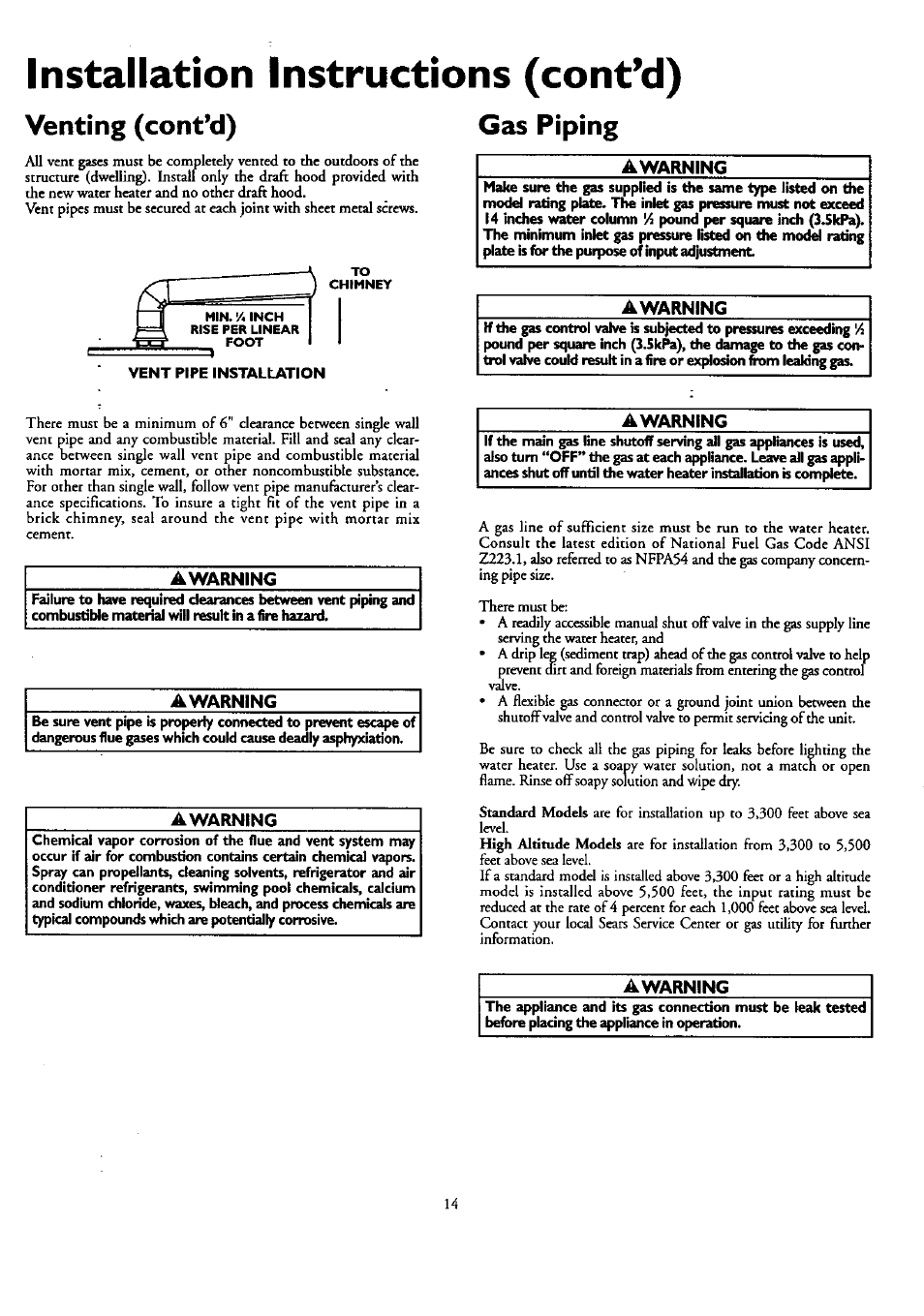 Venting (cont’d), Gas piping, Awarning | Gas piping -15, Installation instructions (contad) | Kenmore 153.33459 User Manual | Page 14 / 28