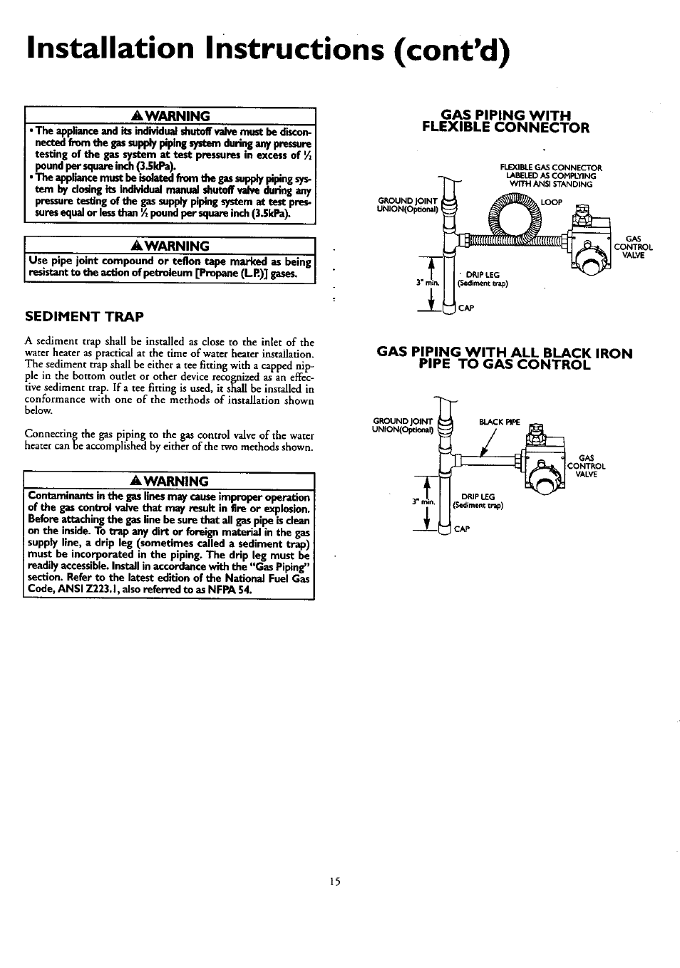 Awarning, Sediment trap, Gas piping with flexible connector | Gas piping with all black iron pipe to gas control, Installation instructions (contad) | Kenmore 153.33459 User Manual | Page 15 / 28