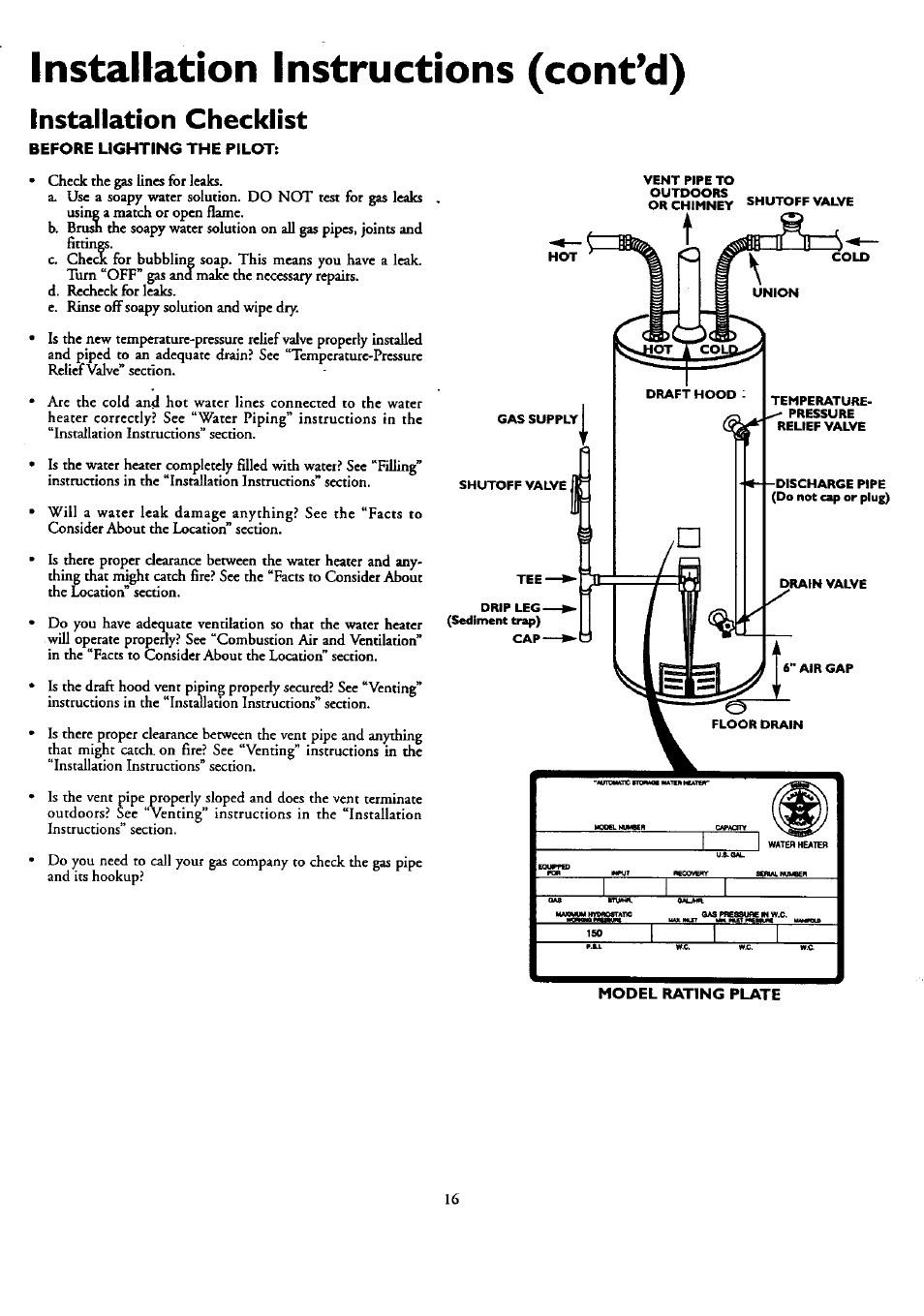 Installation checklist, Installation instructions (cont’d) | Kenmore 153.33459 User Manual | Page 16 / 28