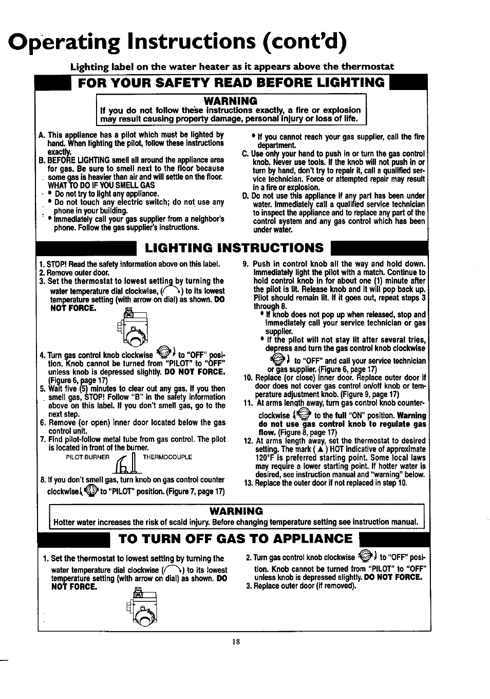 Operating instructions (cont’d), For your safety read before lighting, Lighting instructions | Warning | Kenmore 153.33459 User Manual | Page 18 / 28