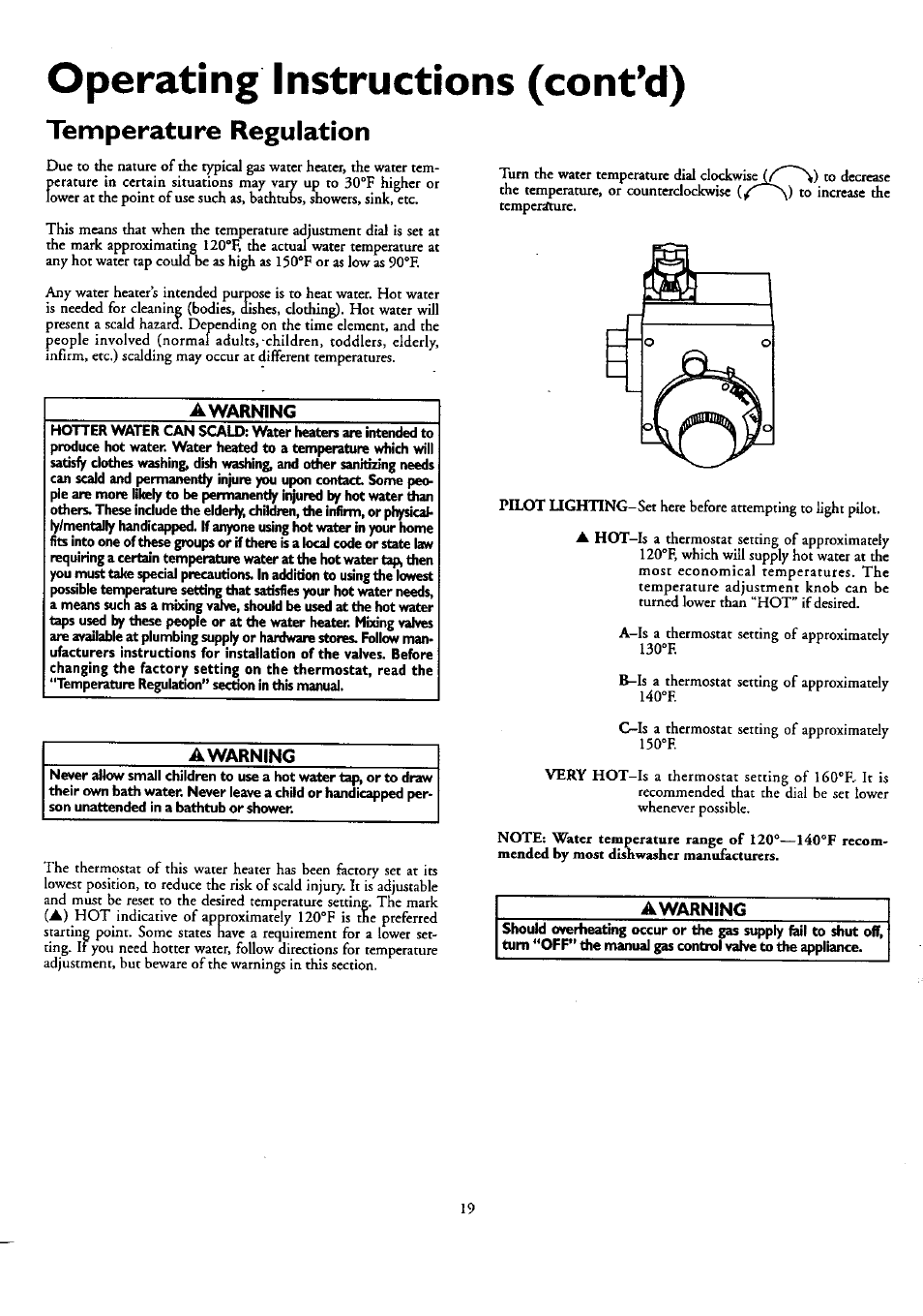 Operating instructions (cont’d), Temperature regulation, Awarning | A warning | Kenmore 153.33459 User Manual | Page 19 / 28