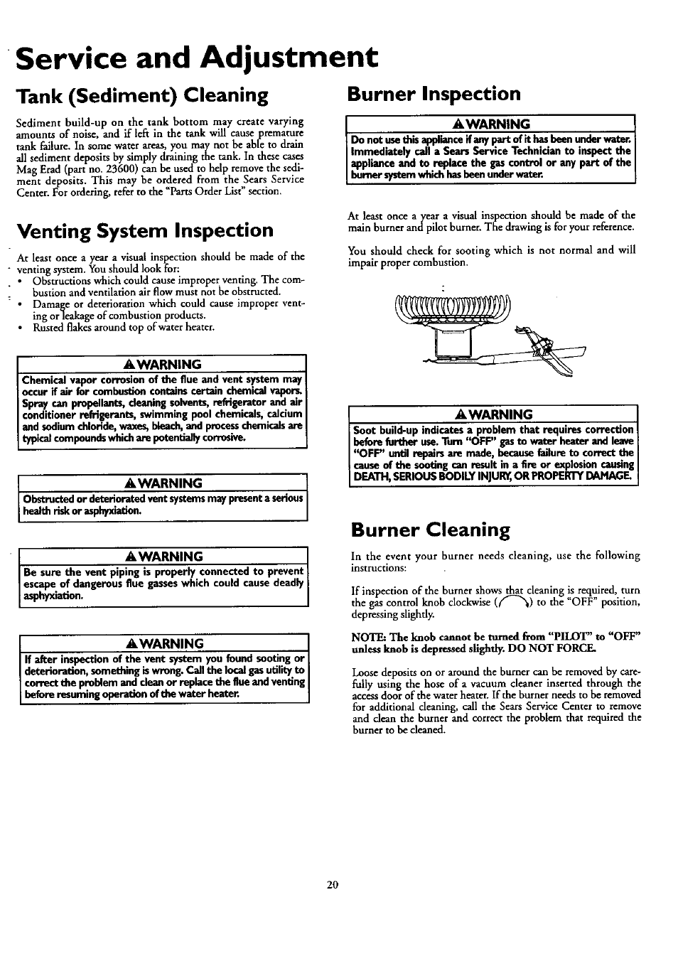 Service and adjustment, Tank (sediment) cleaning, Venting system inspection | Awarning, Burner inspection, Burner cleaning, Tank (sediment) cleaning venting system inspection, Burner inspection burner cleaning | Kenmore 153.33459 User Manual | Page 20 / 28