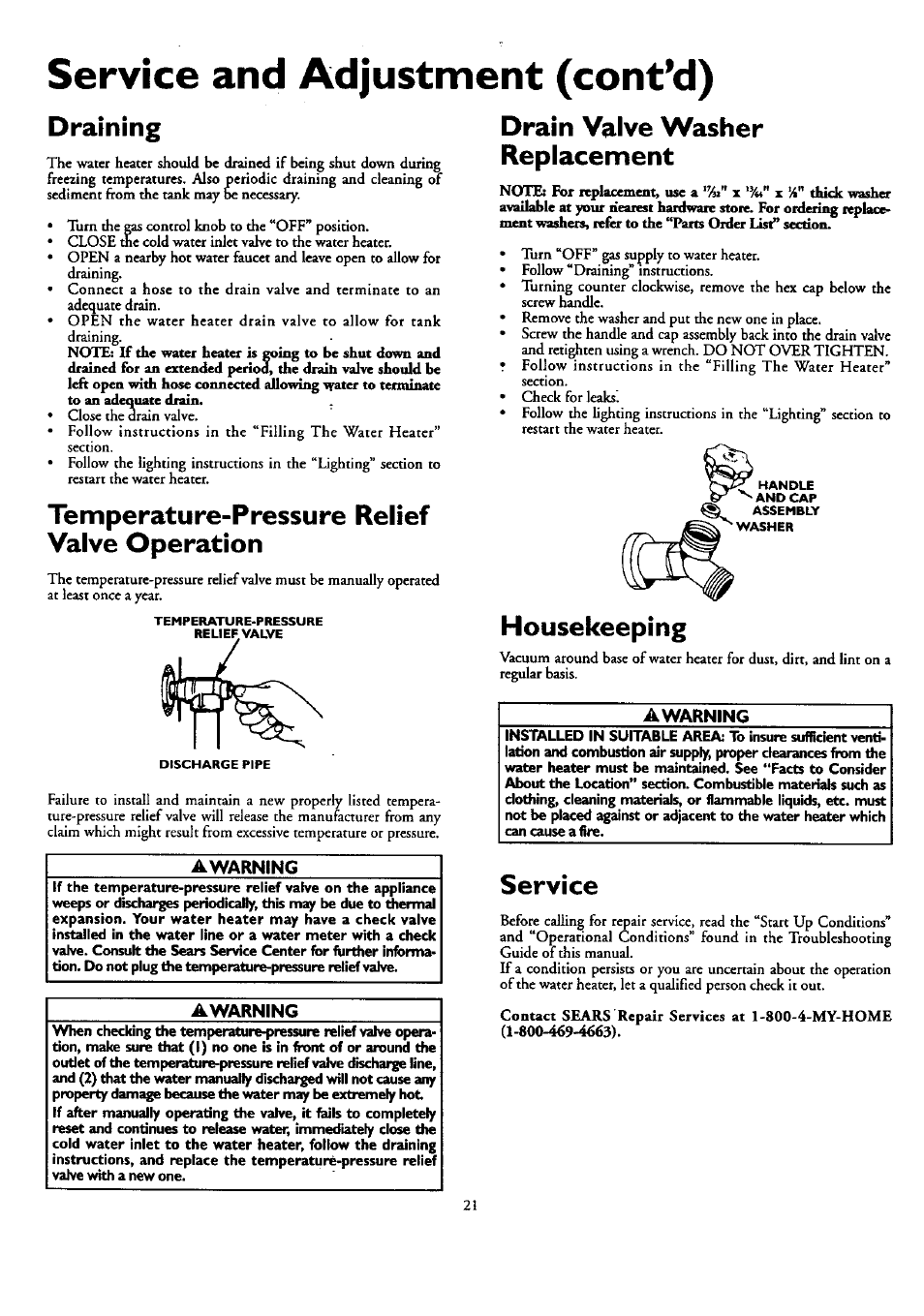 Temperature-pressure relief valve operation, Drain valve washer replacement, Housekeeping | Service, Temperature-pressure rcliefvaive operation, Drain valve washer replacement housekeeping, Service and adjustment (cont*d), Draining | Kenmore 153.33459 User Manual | Page 21 / 28