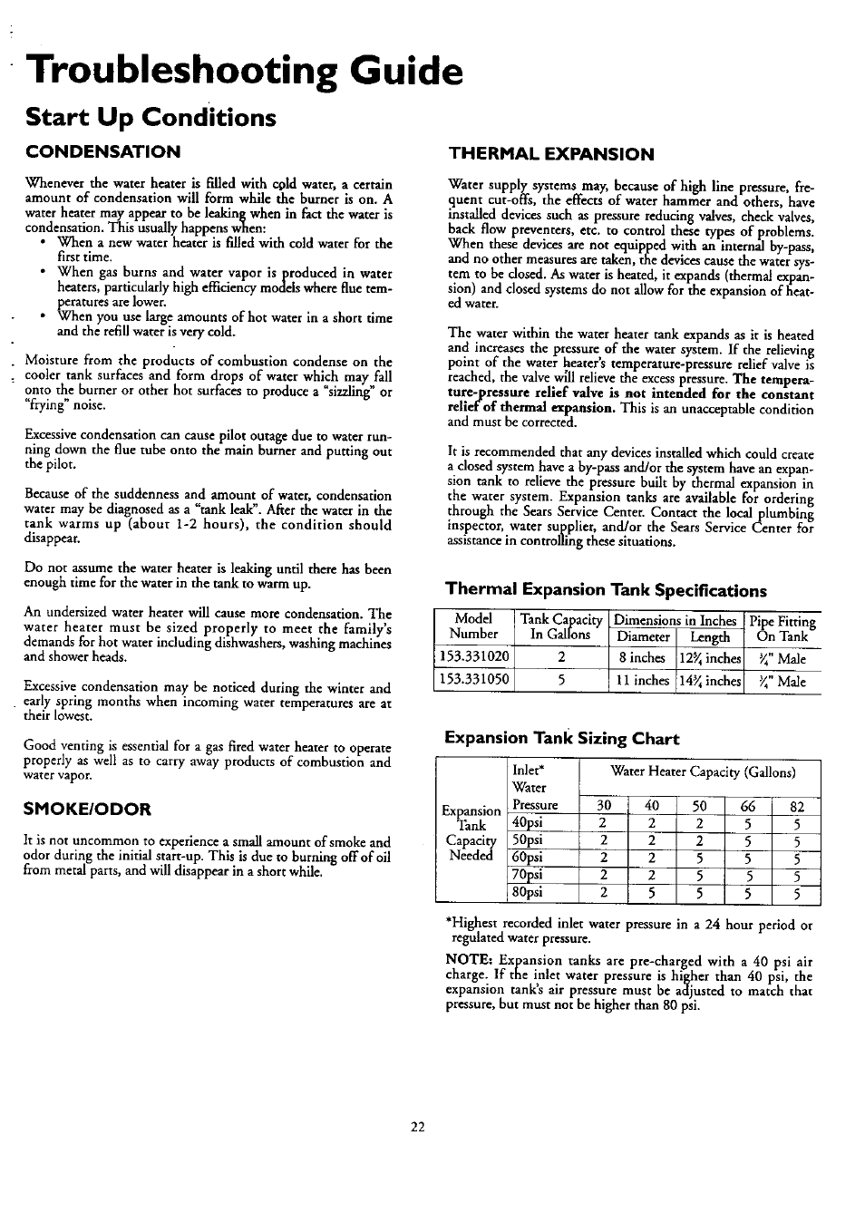 Start up conditions, Condensation, Smoke/odor | Thermal expansion, Thermal expansion tank specifications, Expansion tank sizing chart, Start up conditions -23, Thermal expansion -23, Troubleshooting guide | Kenmore 153.33459 User Manual | Page 22 / 28