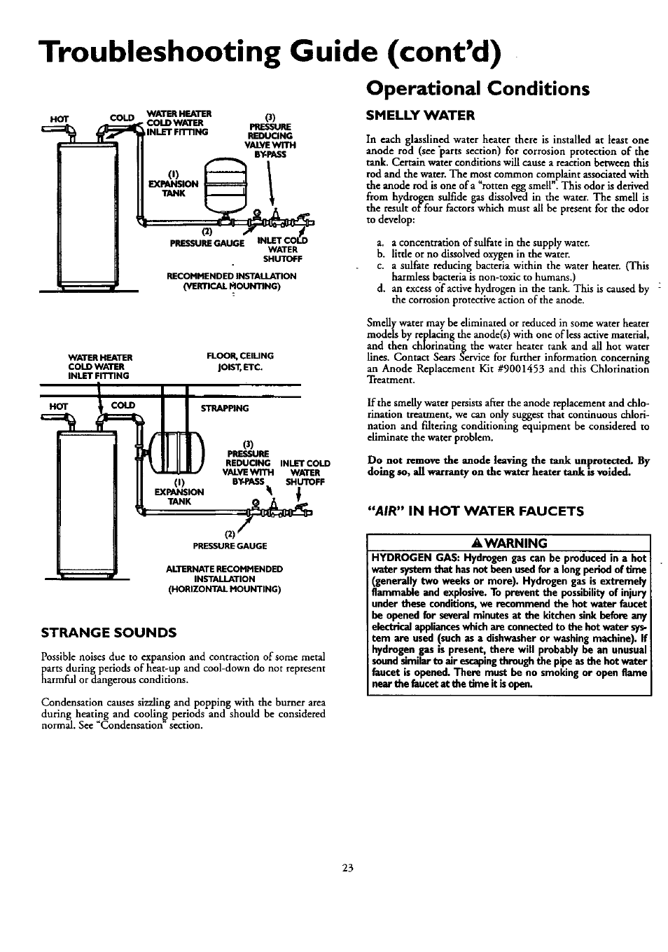 Strange sounds, Operational conditions, Smelly water | A/r” in hot water faucets, Operational conditions -24, Smelly water air in hot water faucets, Troubleshooting guide (cont’d) | Kenmore 153.33459 User Manual | Page 23 / 28