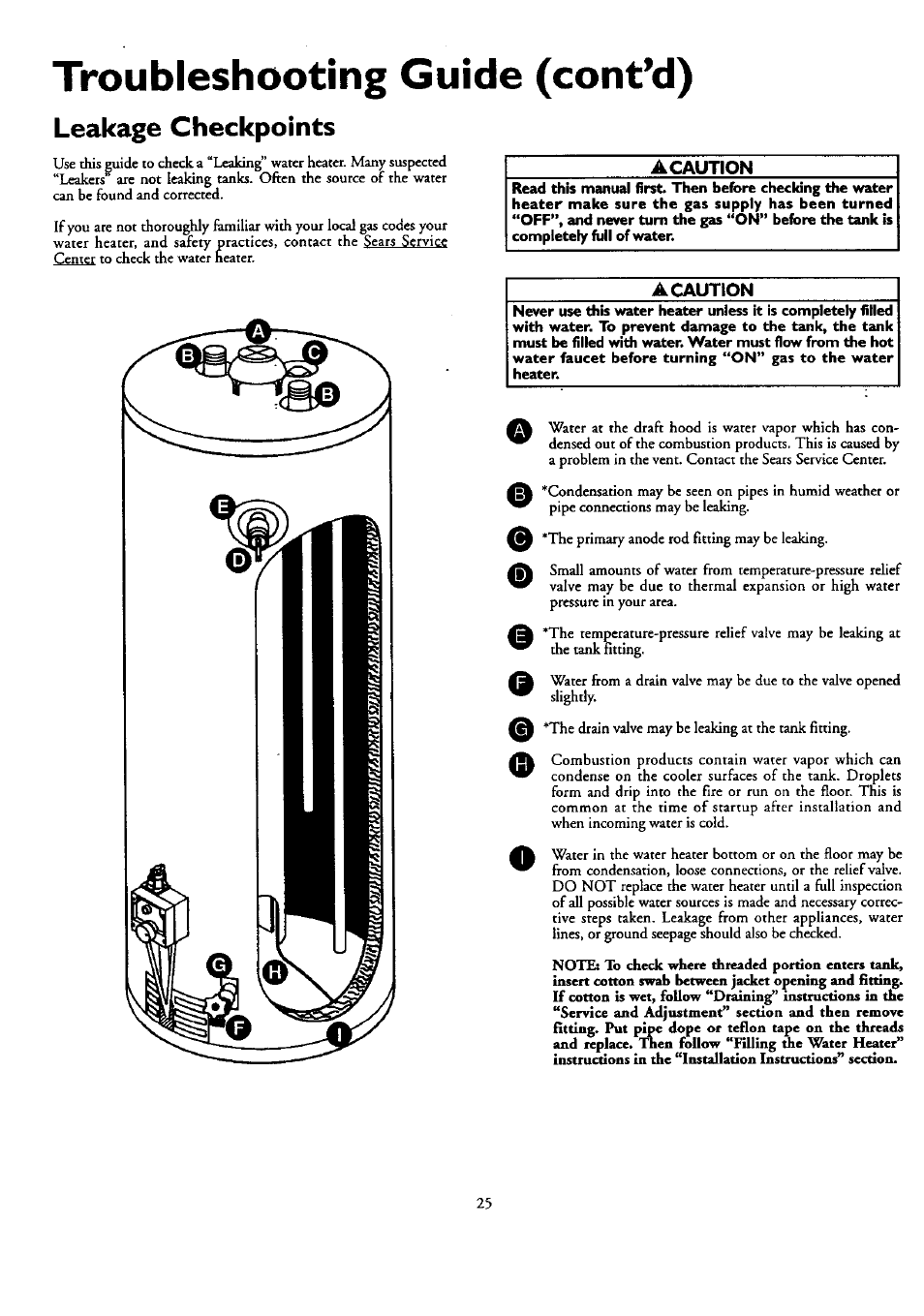 Leakage checkpoints, Acaution, Troubleshooting guide (cont’d) | Kenmore 153.33459 User Manual | Page 25 / 28