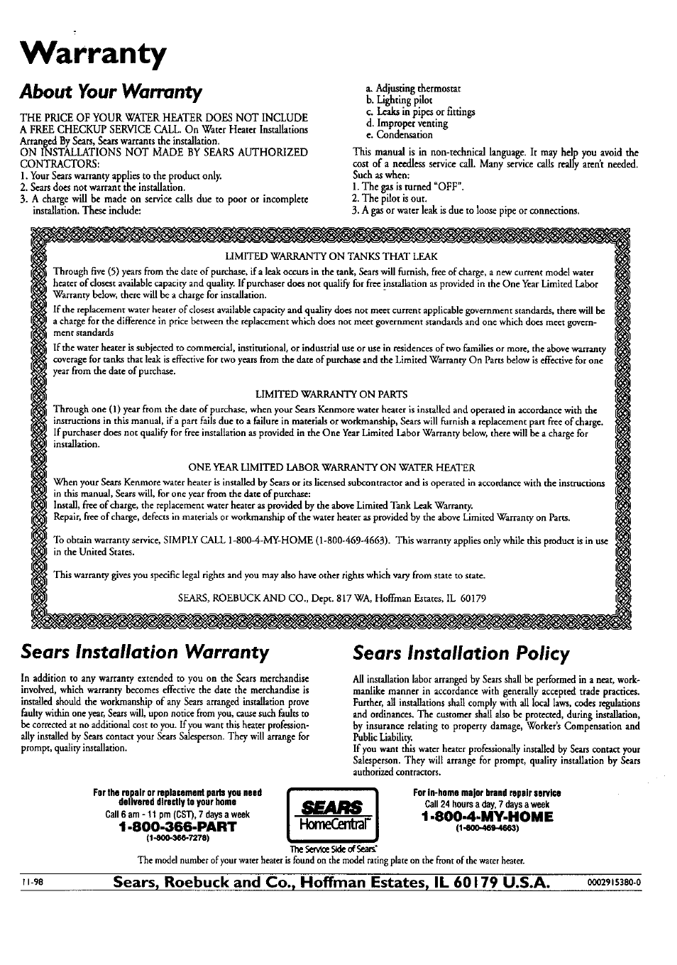 Warranty, About your warranty, Sears installation warranty | Sears installation policy, 4-my-home | Kenmore 153.33459 User Manual | Page 28 / 28