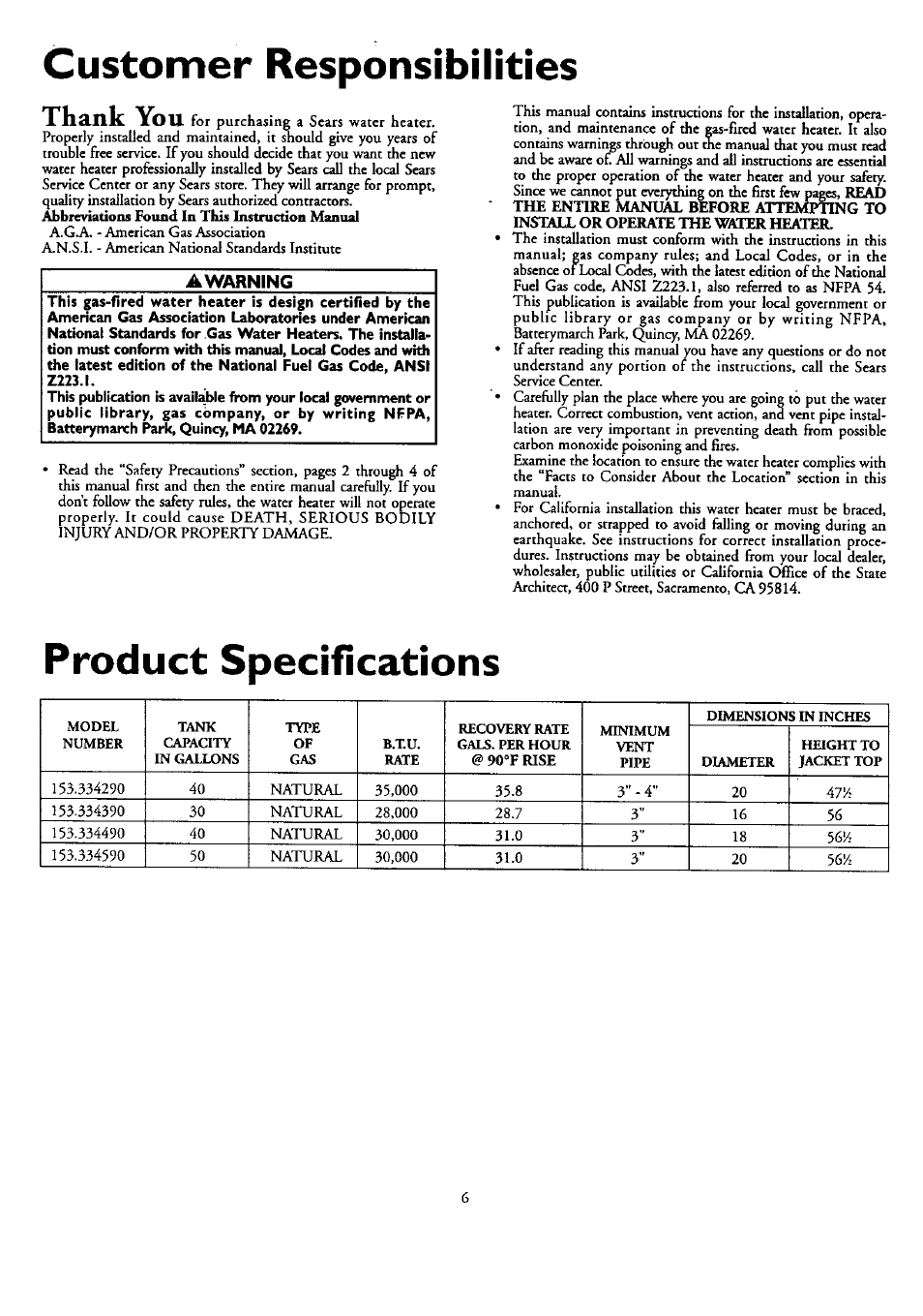 Customer responsibilities, Product specifications | Kenmore 153.33459 User Manual | Page 6 / 28