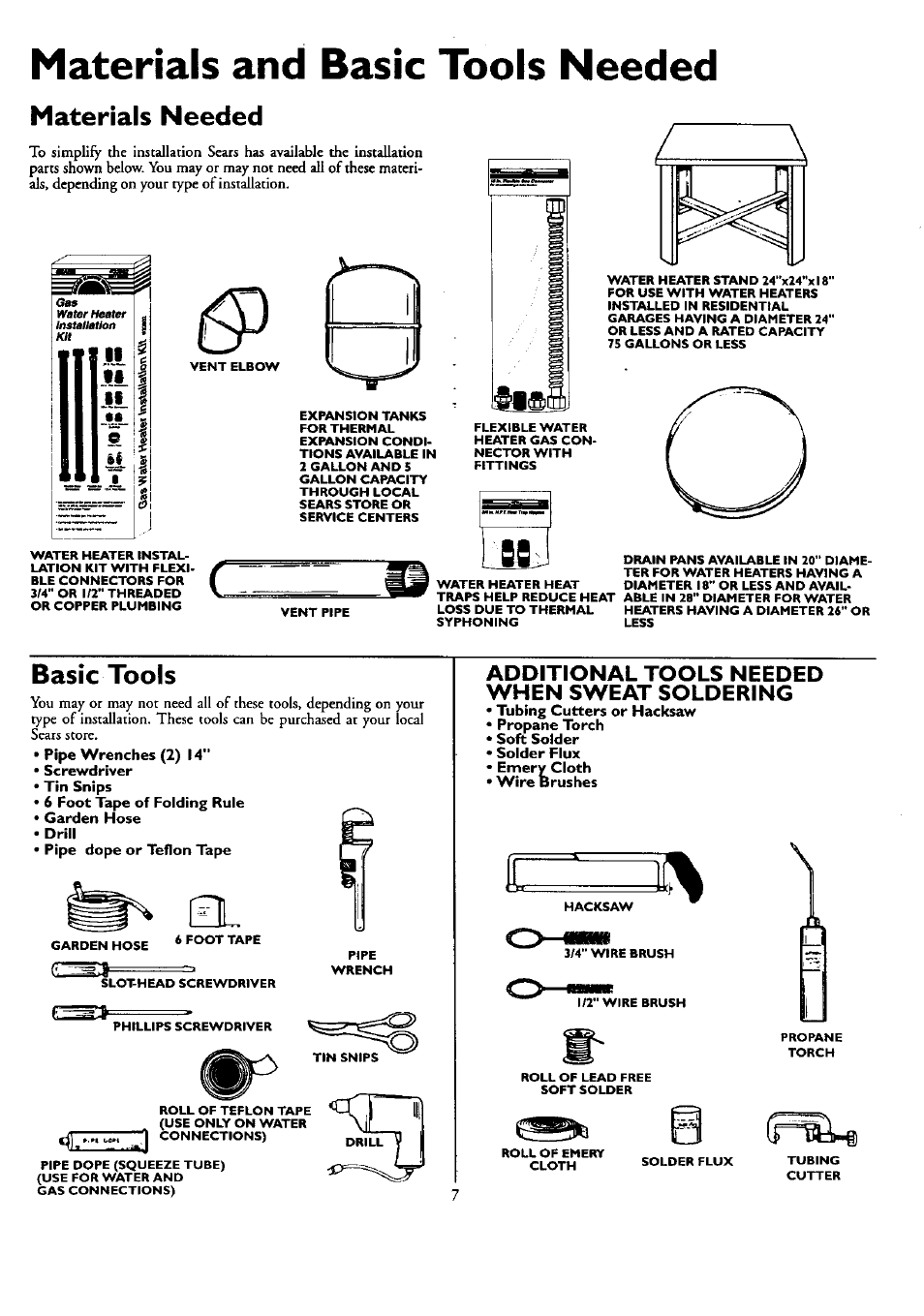 Materials and basic tools needed, Materials needed, Basic tools | Materials needed basic tools, Additional tools needed when sweat soldering | Kenmore 153.33459 User Manual | Page 7 / 28