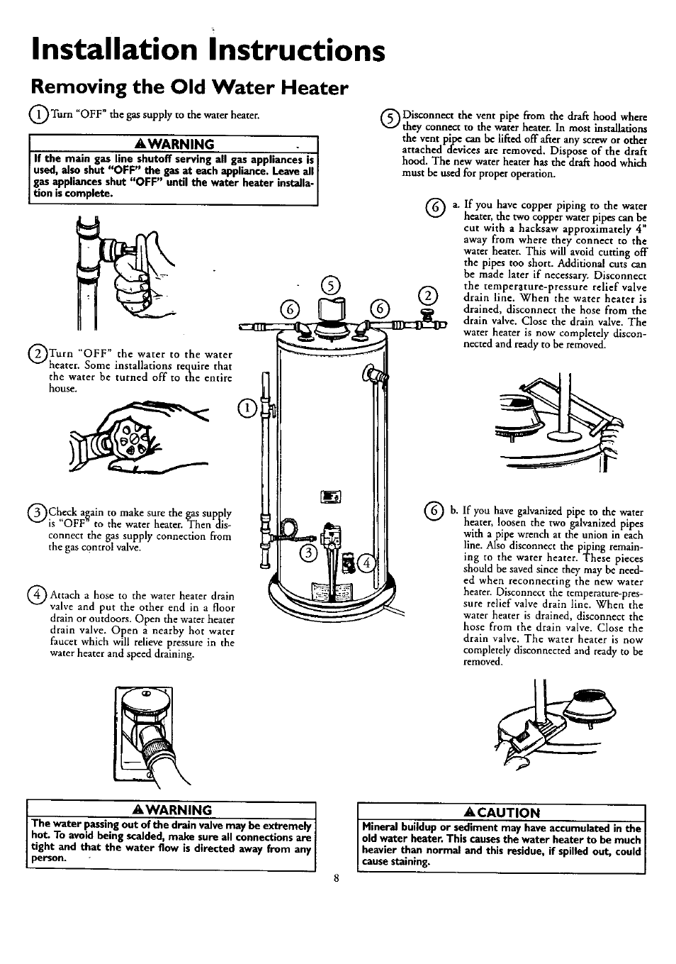 Removing the old water heater, Awarning, Filling the water heater | Installation instructions | Kenmore 153.33459 User Manual | Page 8 / 28