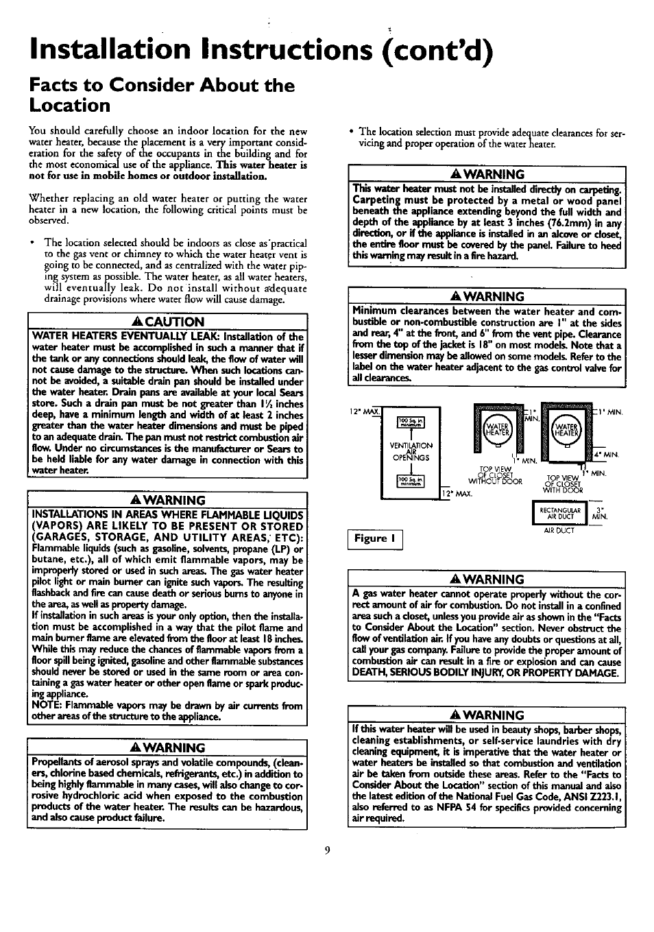 A caution, Awarning, Facts to consider about the location | Installation instructions (cont’d) | Kenmore 153.33459 User Manual | Page 9 / 28