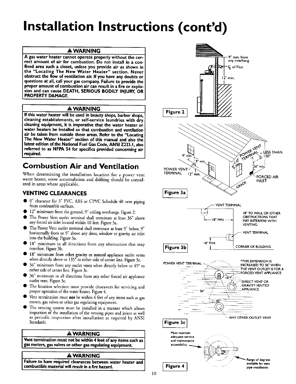 Awarning, Combustion air and ventilation, Venting clearances | Installation instructions (cont’d) | Kenmore POWER MISER 153.335816 User Manual | Page 10 / 40