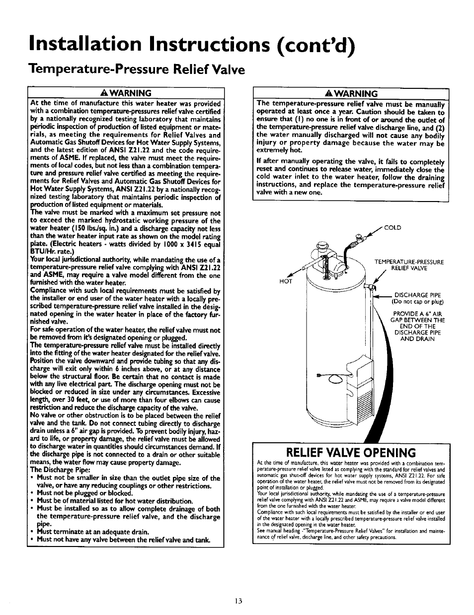 A warning, Installation instructions (cont’d), Temperature-pressure relief valve | Relief valve opening, Awarning | Kenmore POWER MISER 153.335816 User Manual | Page 13 / 40