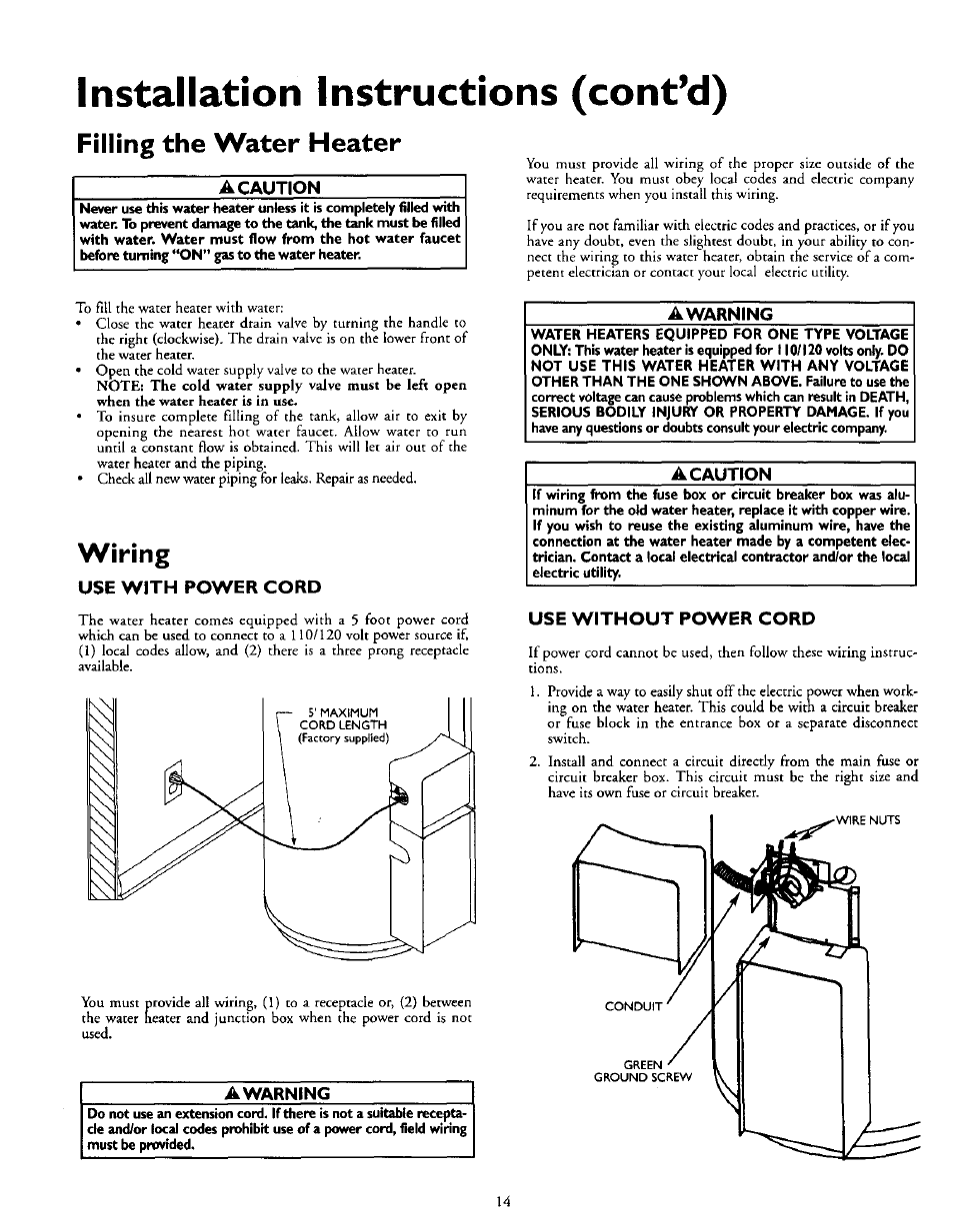 A caution, Wiring, Use with power cord | A warning, Awarning, Use without power cord, Wiring -15, Installation instructions (cont’d), Filling the water heater | Kenmore POWER MISER 153.335816 User Manual | Page 14 / 40