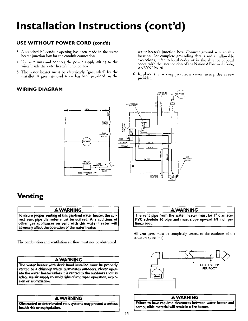 Use without power cord (cont’d), Wiring diagram, Venting | A warning, Venting -18, Installation instructions (cont’d) | Kenmore POWER MISER 153.335816 User Manual | Page 15 / 40