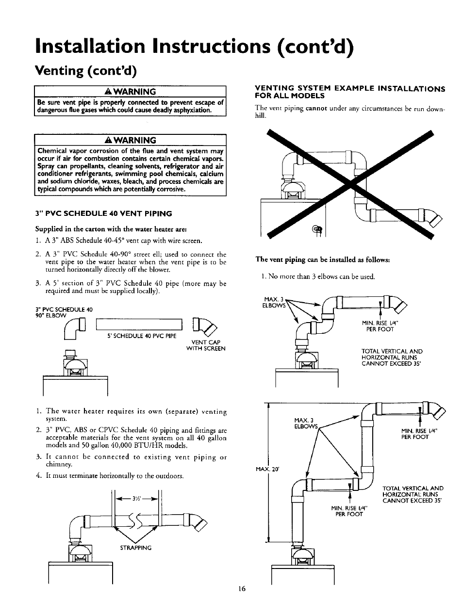 Awarning, Installation instructions (cont’d), Venting (cont’d) | Kenmore POWER MISER 153.335816 User Manual | Page 16 / 40