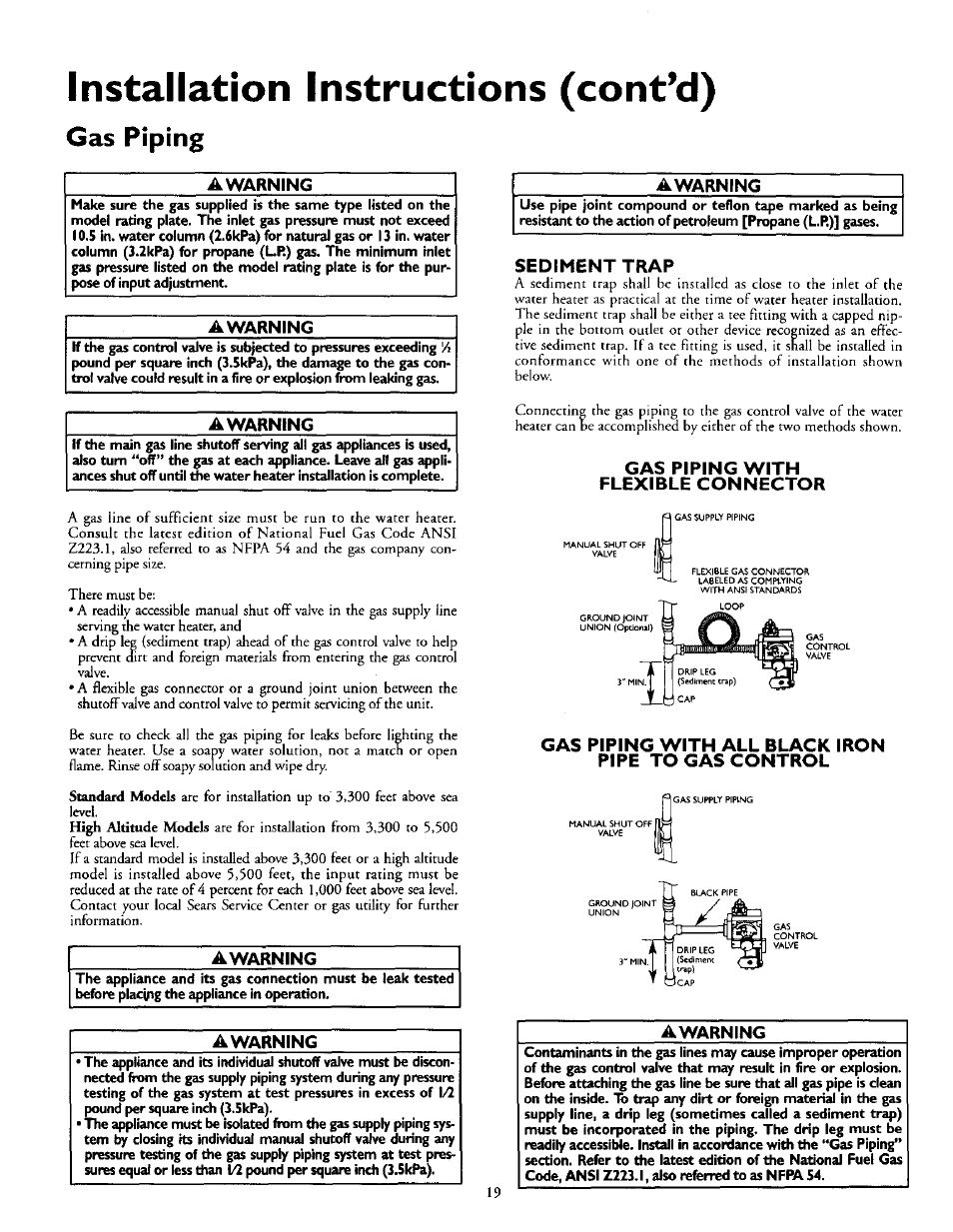 Awarning, Sediment trap, Gas piping with flexible connector | Gas piping with all black iron pipe to gas control, Installation instructions (cont’d), Gas piping | Kenmore POWER MISER 153.335816 User Manual | Page 19 / 40