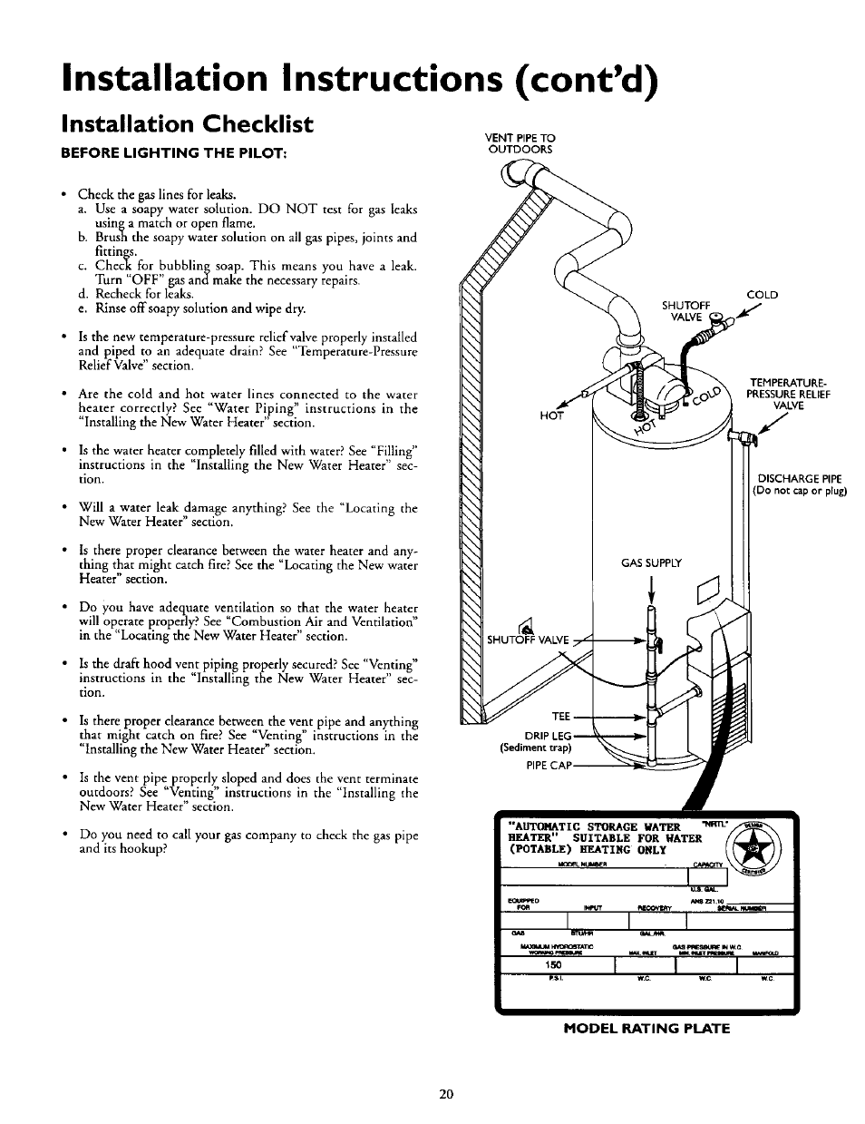Installation checklist, Installation instructions (cont’d) | Kenmore POWER MISER 153.335816 User Manual | Page 20 / 40