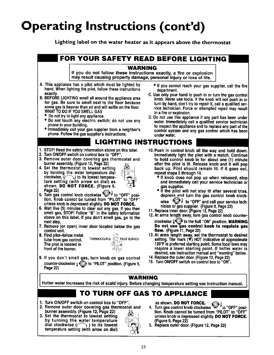 Operating instructions (cont’d), For your safety read before lighting, Lighting instructions | Warning | Kenmore POWER MISER 153.335816 User Manual | Page 23 / 40