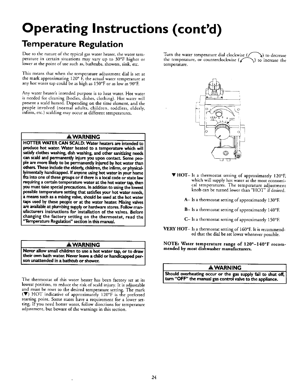 Operating instructions (cont’d), Temperature regulation, Awarning | Kenmore POWER MISER 153.335816 User Manual | Page 24 / 40