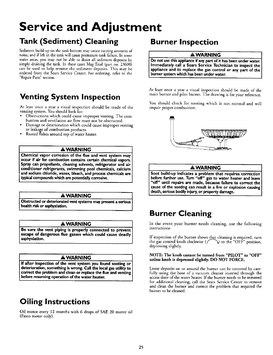 Service and adjustment, Tank (sediment) cleaning burner inspection, Venting system inspection | Awarning, Oiling instructions, Burner cleaning | Kenmore POWER MISER 153.335816 User Manual | Page 25 / 40