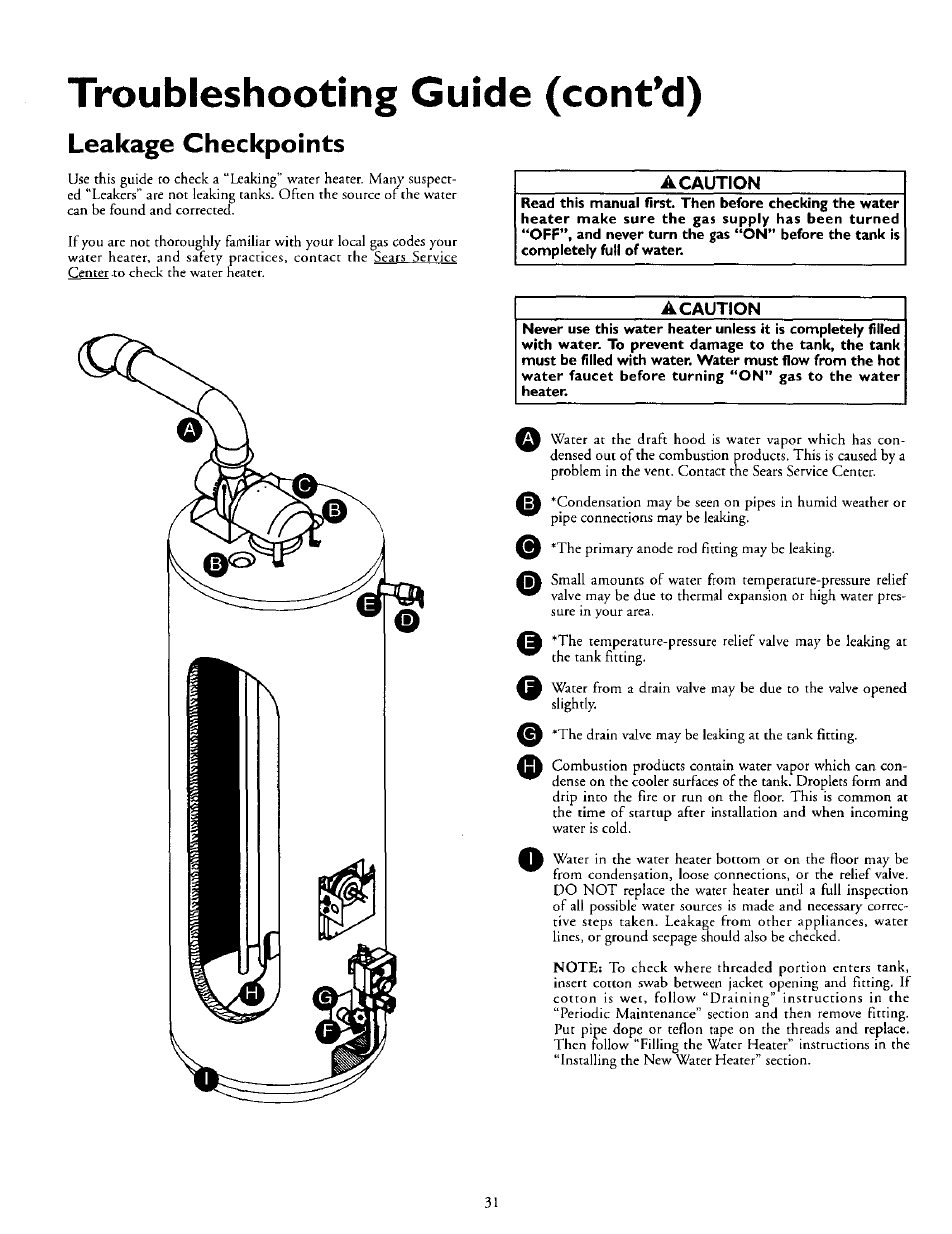 Leakage checkpoints, A caution, Troubleshooting guide (cont*d) | Kenmore POWER MISER 153.335816 User Manual | Page 31 / 40