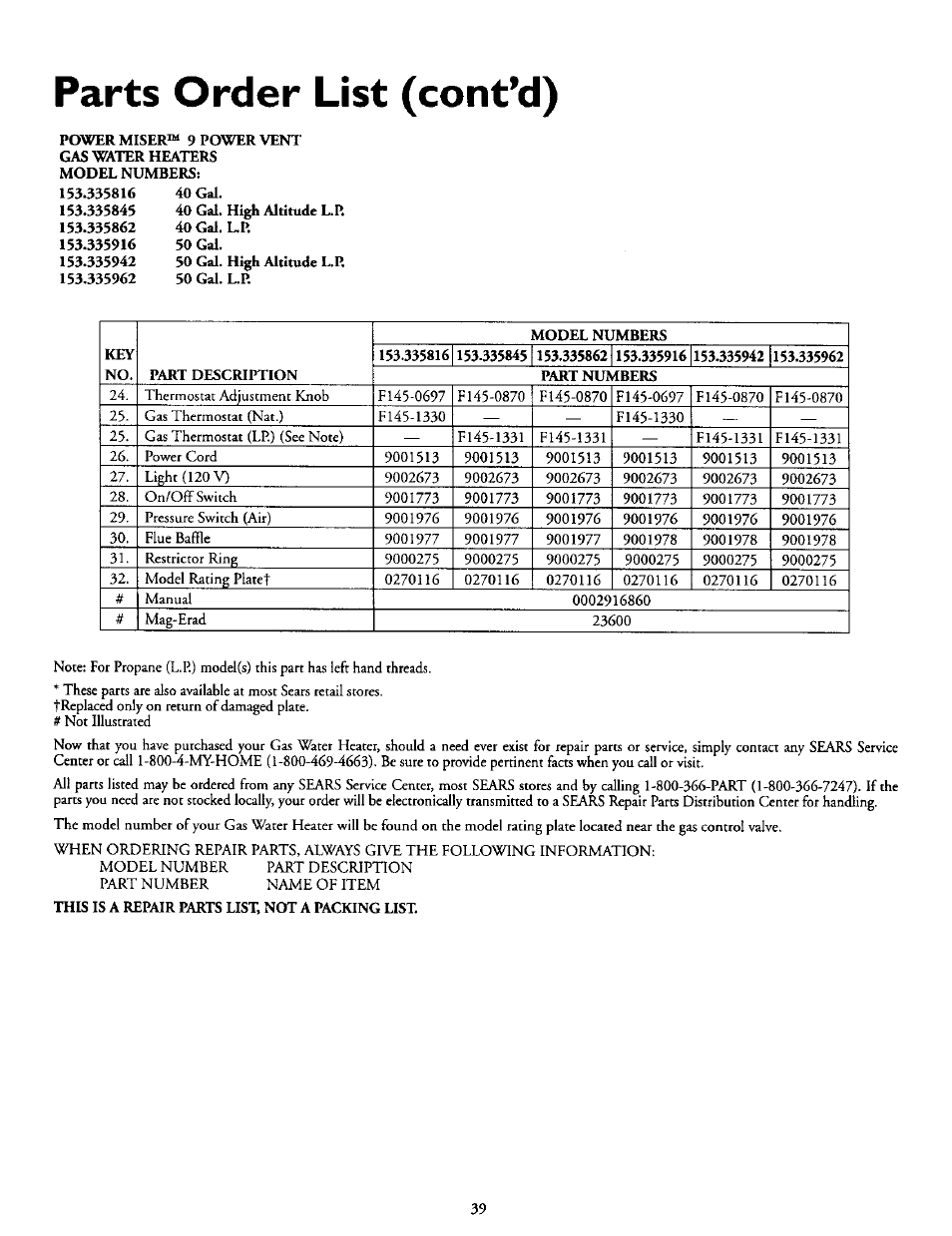 Parts order list (cont*d) | Kenmore POWER MISER 153.335816 User Manual | Page 39 / 40