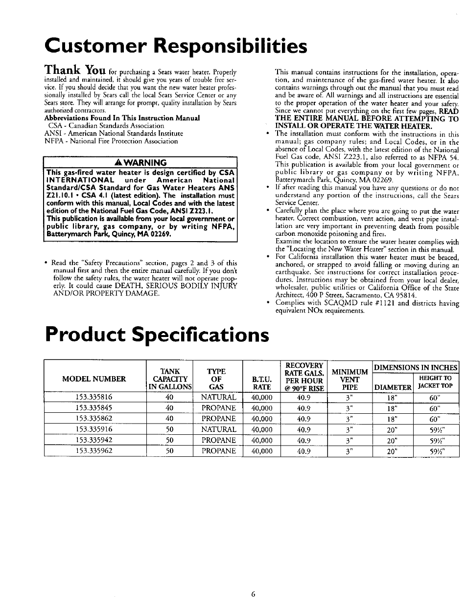 Customer responsibilities, Product specifications, Awarning | Kenmore POWER MISER 153.335816 User Manual | Page 6 / 40