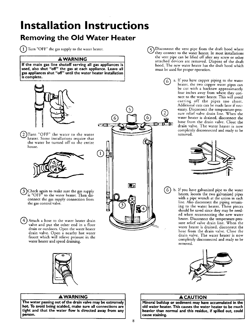 Installation instructions, Removing the old water heater, Awarning | Kenmore POWER MISER 153.335816 User Manual | Page 8 / 40