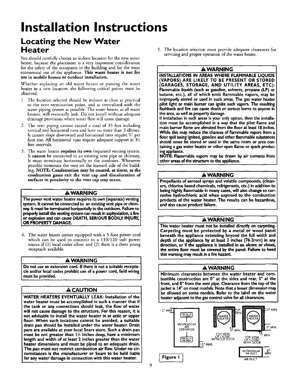 Locating the new water heater, A warning, A caution | Filling the water heater, Installation instructions, Awarning | Kenmore POWER MISER 153.335816 User Manual | Page 9 / 40