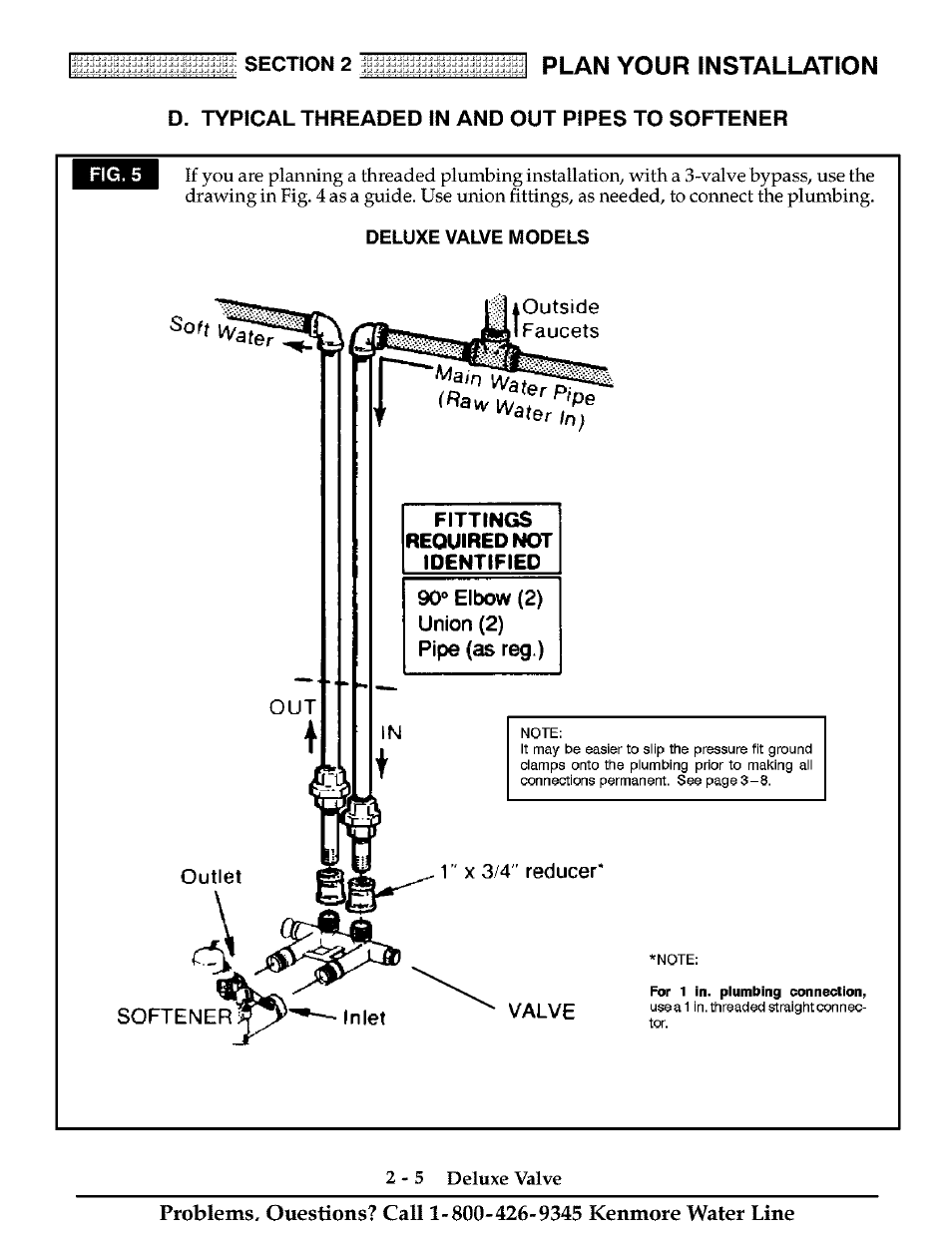 Section 2, D. typical threaded in and out pipes to softener, Deluxe valve models | Outside, Faucets, Fittings required not identified, 90* elbow (2) union (2) pipe (as reg.), Valve, Plan your installation, Outlet 1 