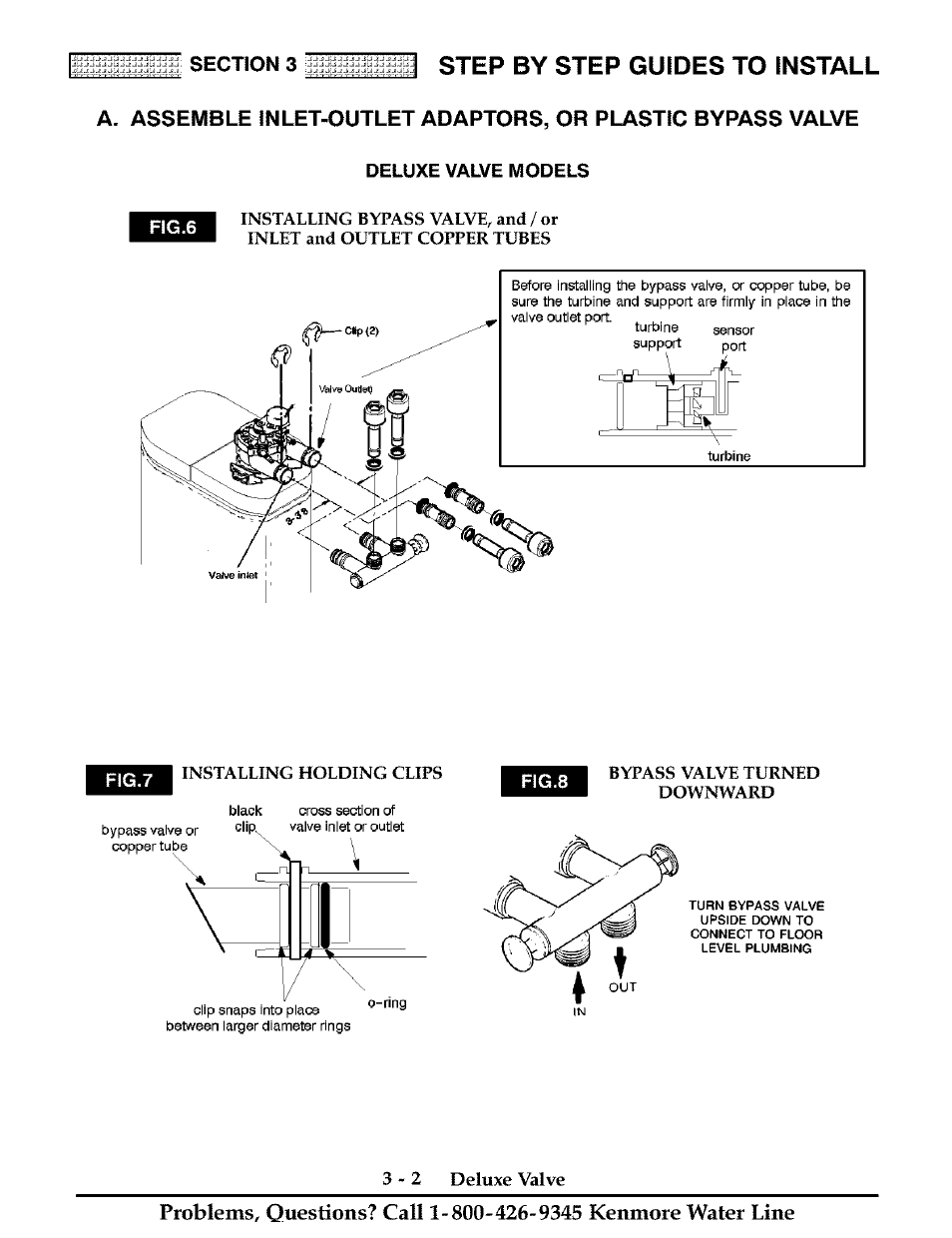 Deluxe valve models, Step by step guides to install, Bypass valve turned downward | 2 deluxe valve, Deluxe valve models fig.6, Fig.8 | Kenmore Water System User Manual | Page 13 / 20