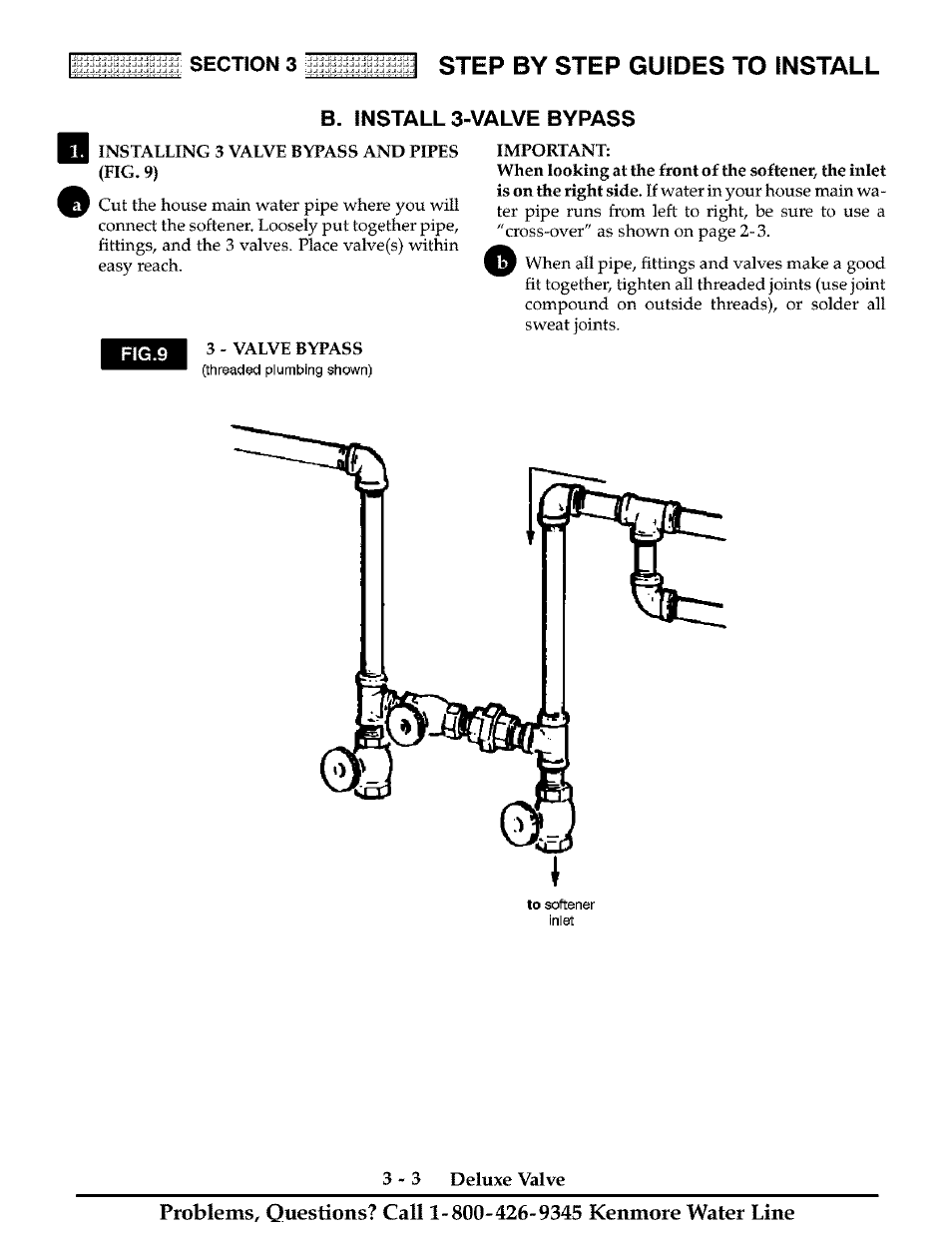 B. install 3-valve bypass, B. installing 3-valve bypass -3, Step by step guides to install | 3 deluxe valve | Kenmore Water System User Manual | Page 14 / 20