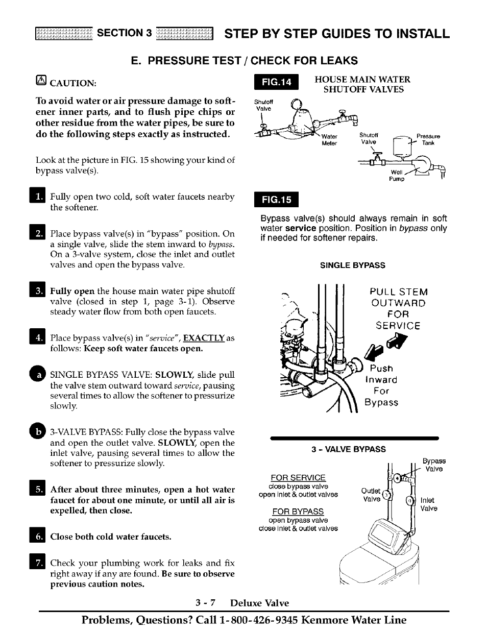 E. pressure test / check for leaks, Single bypass, Pull stem outward for | Service, Push, Inward, Bypass, 3 - valve bypass, E. pressure test - check for leaks -7, Step by step guides to install | Kenmore Water System User Manual | Page 18 / 20