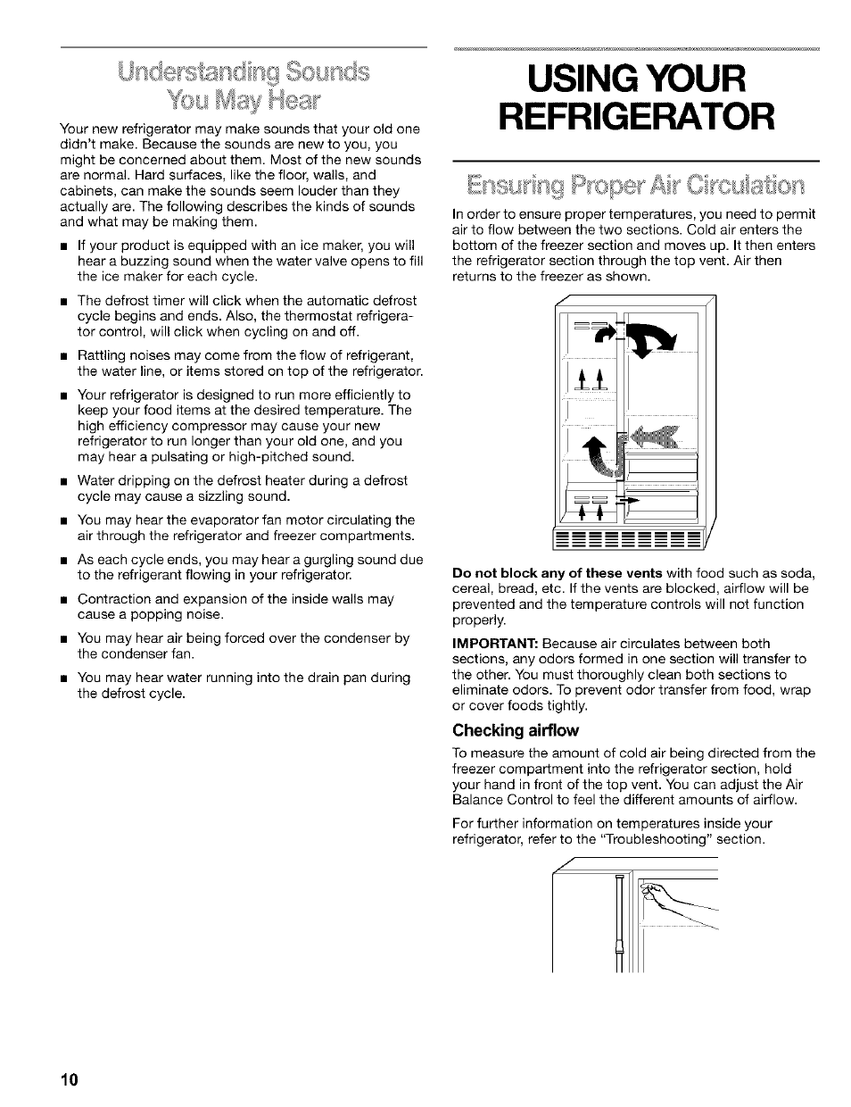 Using your refrigerator, Checking airflow, Understancing sounds | Kenmore 2200128 User Manual | Page 10 / 96