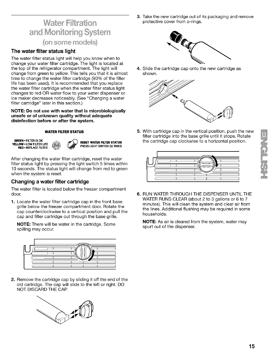 The water filter status light, Changing a water filter cartridge | Kenmore 2200128 User Manual | Page 15 / 96