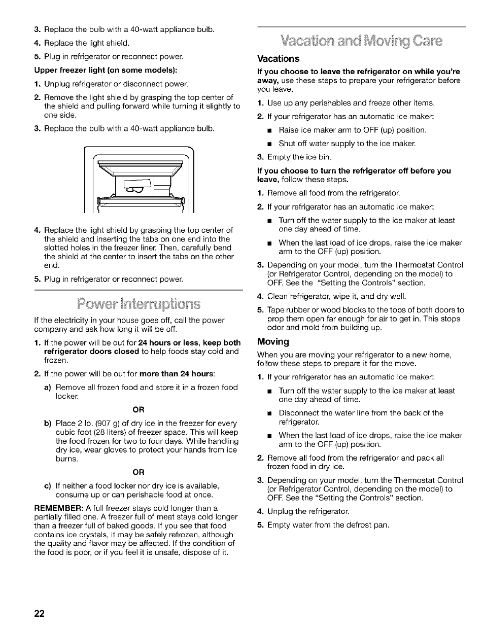 Vacations, Moving | Kenmore 2200128 User Manual | Page 22 / 96