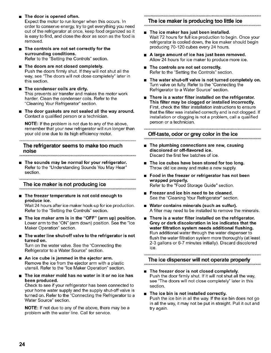 The door is opened often, The ice maker is producing too little ice, The ice maker has just been installed | Off-taste, odor or grey color in the ice, The refrigerator seems to make too much noise, The sounds may be normal for your refrigerator, The ice maker is not producing ice, Freezer and ice bin need to be cleaned, The ice dispenser will not operate property, The freezer door is not closed completely | Kenmore 2200128 User Manual | Page 24 / 96