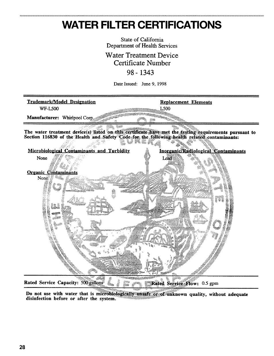 Water filter certifications | Kenmore 2200128 User Manual | Page 28 / 96