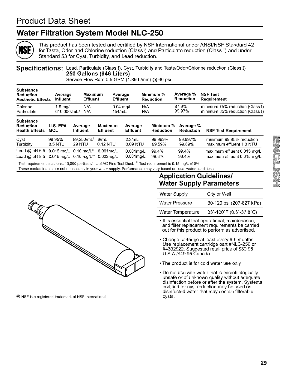 Product data sheet, Water filtration system model nlc-250, Application guidelines/ water supply parameters | Kenmore 2200128 User Manual | Page 29 / 96