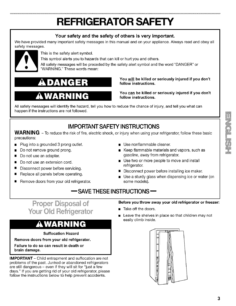 Refrigerator safety, Suffocation hazard, Adanger awarning | Awarning | Kenmore 2200128 User Manual | Page 3 / 96