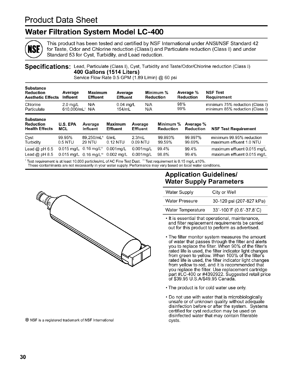 400 gallons (1514 liters), Product data sheet, Water filtration system model lc-400 | Application guidelines/ water supply parameters | Kenmore 2200128 User Manual | Page 30 / 96