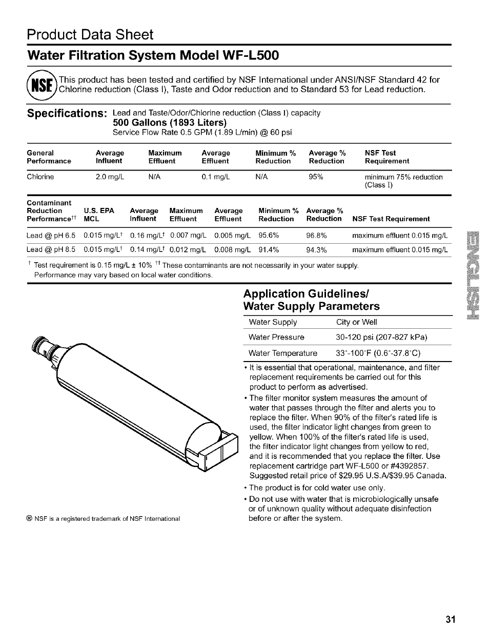 Product data sheet, Water filtration system model wf-l500, Application guidelines | Water supply parameters | Kenmore 2200128 User Manual | Page 31 / 96